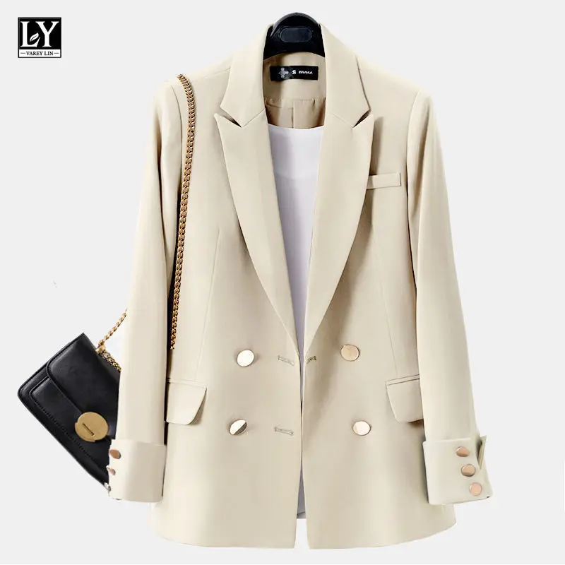 

LY VAREY LIN Spring Autumn Women Fashion Slim Solid Buttons Suit Coats Office Lady Notched Double Breasted Long Sleeve Blazers