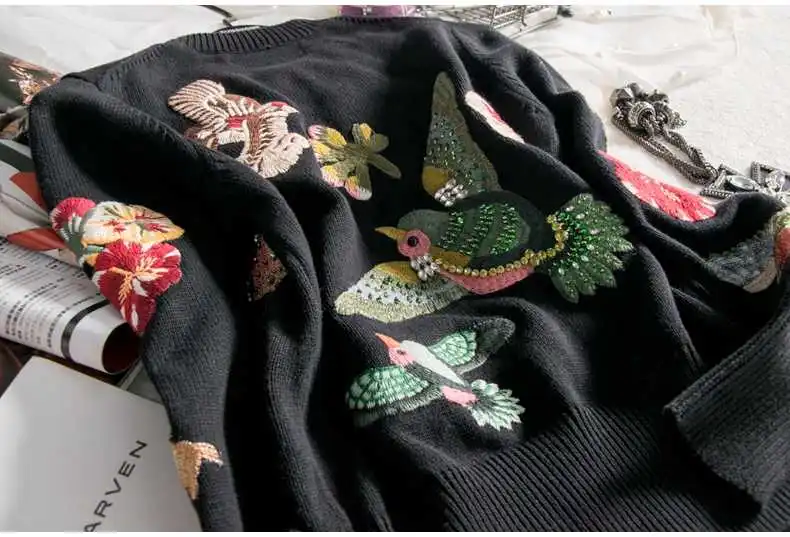 

Autumn arrival New winter diamonds sweaters Fashion women's beading flower embroidery black sweaters Tops G054