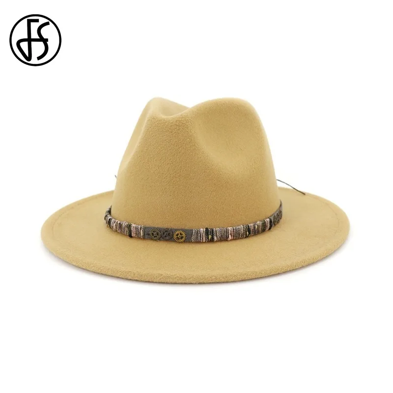 FS желтая черная фетровая шляпа для женщин с широкими полями шерсть Панама зимняя