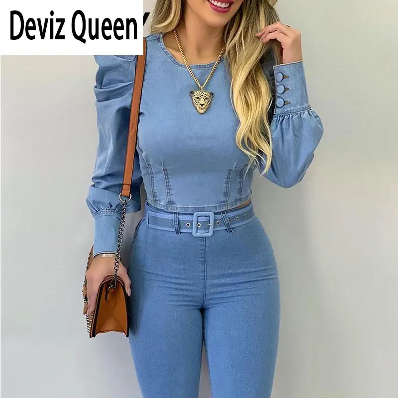 

Women Round Neck Puff Sleeve Corset Top Long Sleeve Blue Denim Shirt