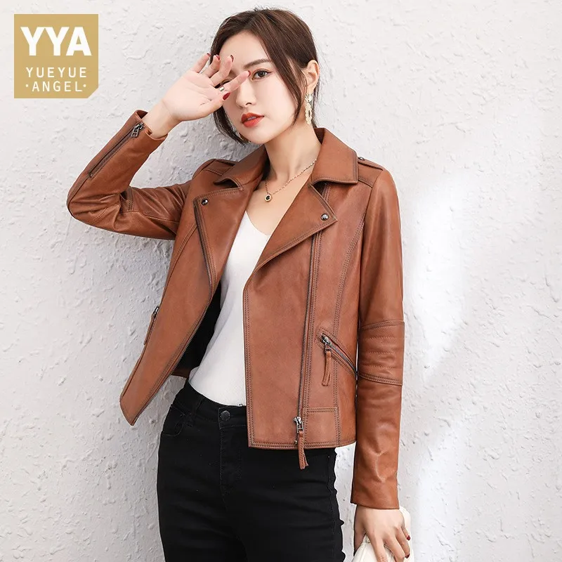 Женская Байкерская короткая куртка из натуральной кожи женское осеннее пальто