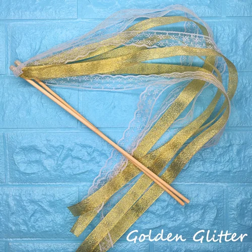 Golden Glitter Lace 50 шт. свадебные ленты палочки скручивающаяся лента для танцев реквизит лента на палочке с кружевом DIY Свадьба День Рождения Вечеринка подарки - Цвет: Golden Glitter Lace