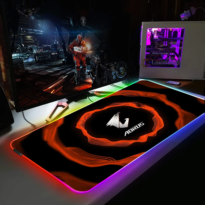

RGB Gaming Mouse Mat Cool Aorus Pattern Desktop Computer Mousepad Office Carpet Gamer Accessories LED Mouse Pad Backlit Deskmat