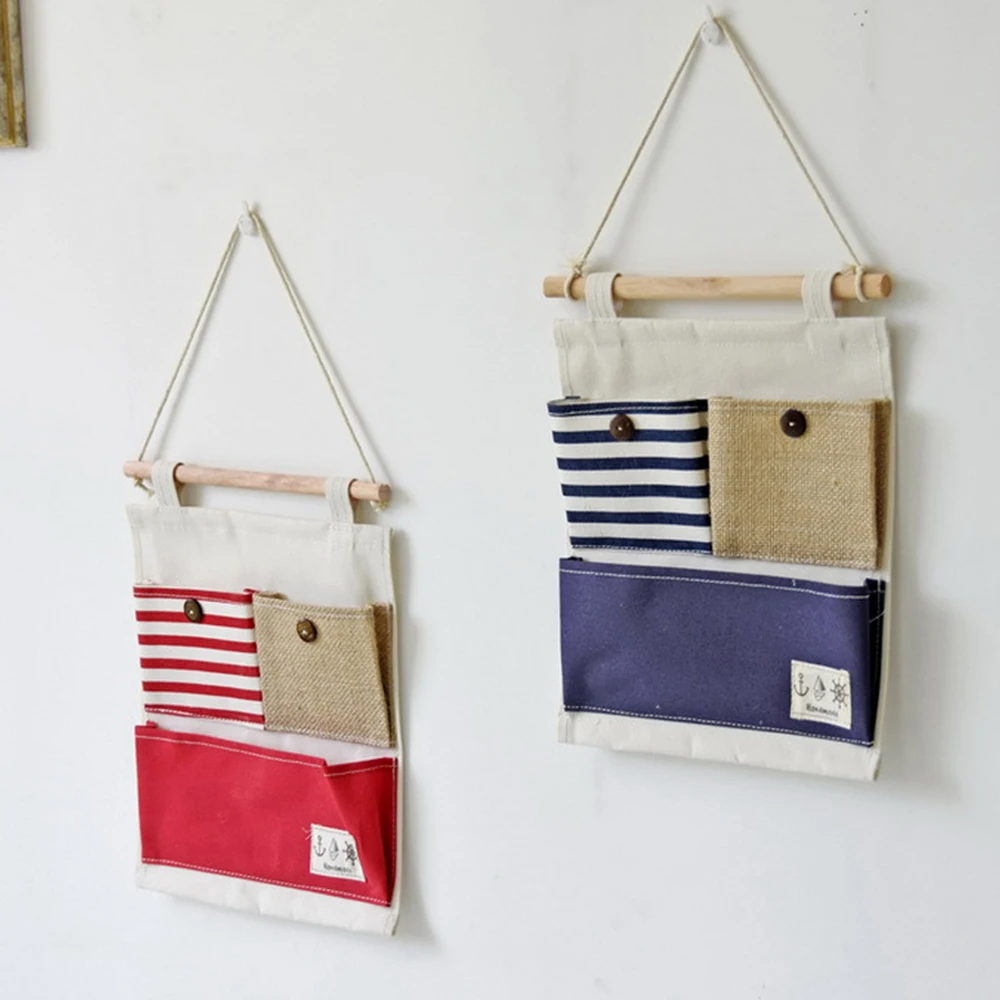 Полосатые комбинированные Висячие Сумки для хранения льняные тканевые карманы