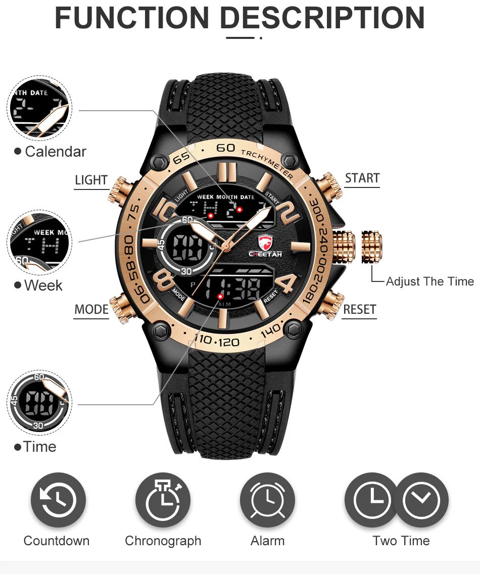 CHEETAH мужские часы с двумя дисплеями Топ бренд Мода Роскошные Аналоговые Цифровые спортивные часы мужской хронограф водонепроницаемый светодиодный наручные часы
