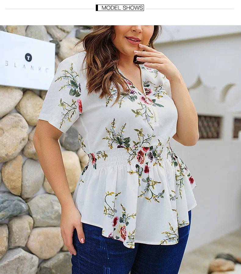 

4XL Oversize Size Women's blouse Floral Print Boho Beach Tops Ruffle V Neck Seven points Sleeve Street Casual Women's Clothing