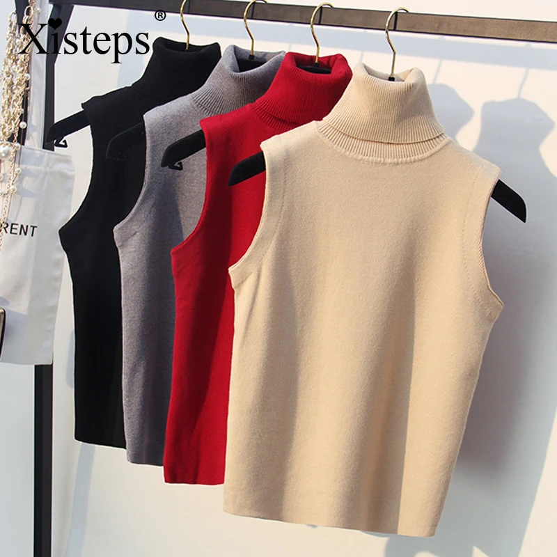 

Женский трикотажный однотонный пуловер Xisteps без рукавов, свитер, Женская облегающая Сексуальная рубашка, жилет, осень 2019