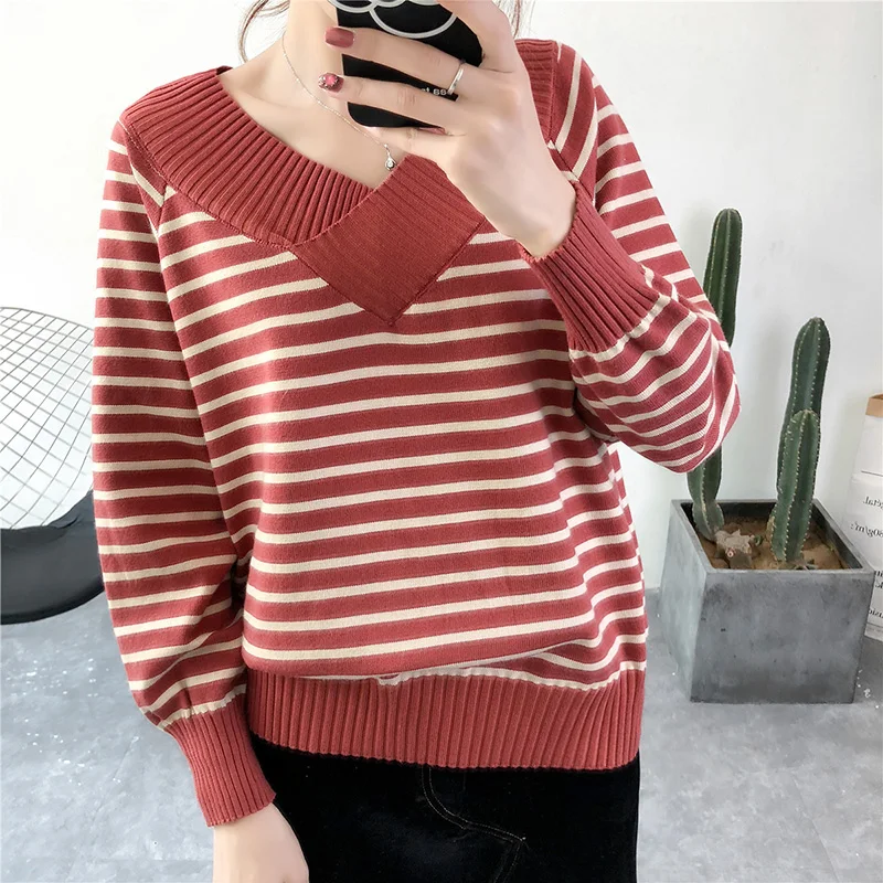 Striped Sweater Women Autumn Winter V Neck Loose Casual Cozy Knitted Pullover Truien Dames Pull Femme Jumper Knitwear | Женская одежда