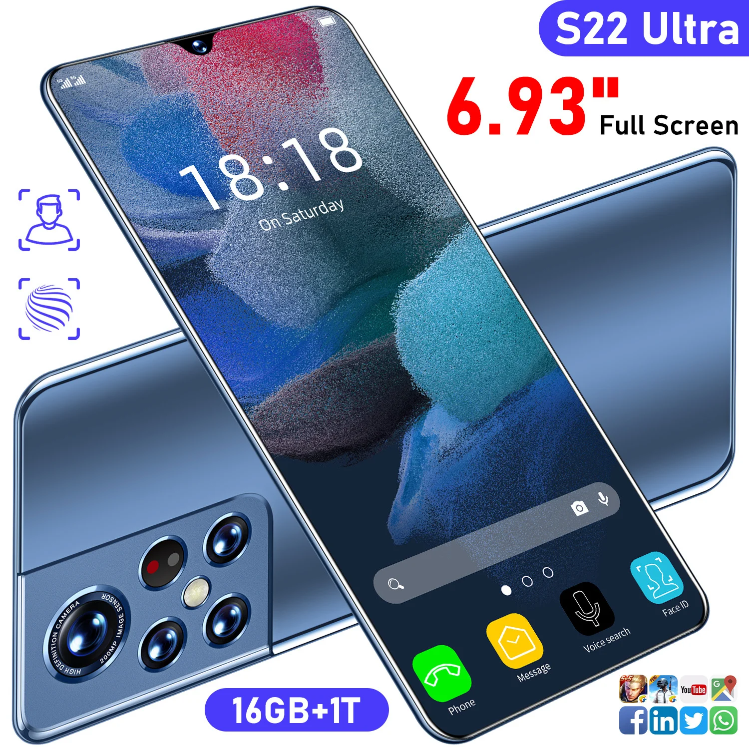 S22-tel&eacute;fono inteligente Ultra versi&oacute;n Global, dispositivo HD de 6,93 pulgadas, 5G, Qualcomm 888 + Android 12, 16GB RAM + 1T ROM, 6800mAh-1