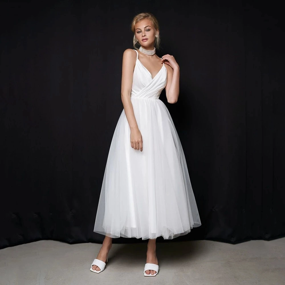 

Jasmine Simple Satin V Neck Spaghetti Straps Tulle Ankle-Length Bridal Wedding Gowns Dresses For Women
