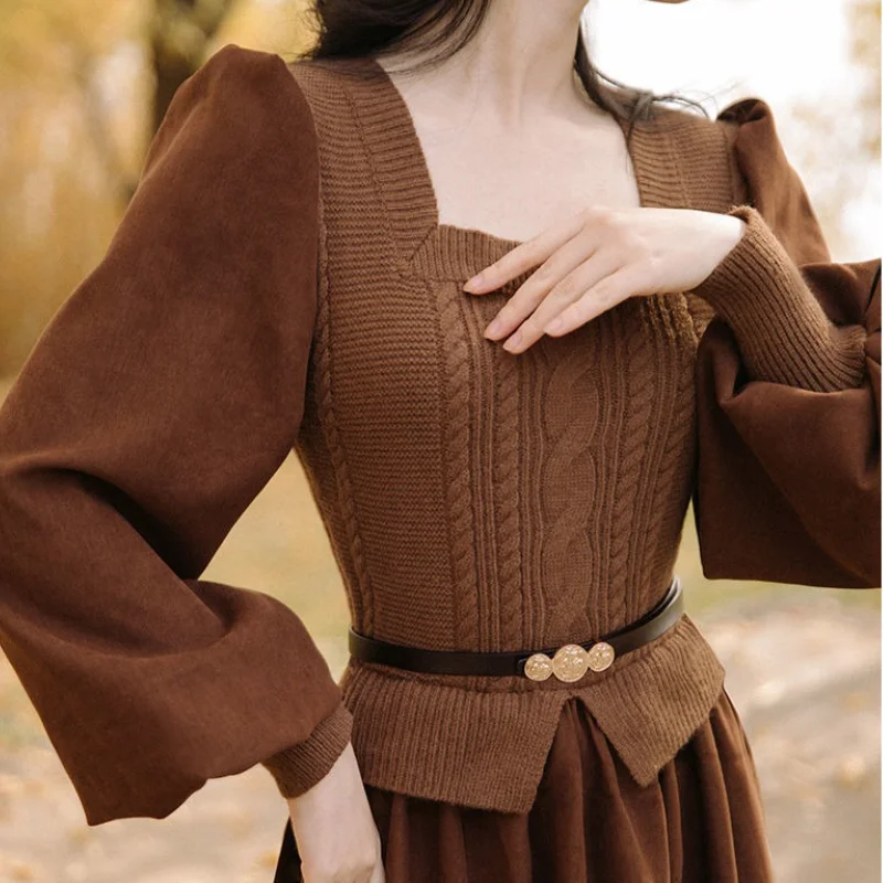 

Vintage Elegant Evening Party Midi Dresses Women Puff Sleeve France Retro Dress Solid Warm Korean Style Dress Autumn Winter 2021