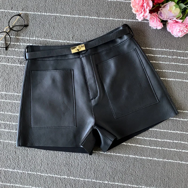 Chic Women's High quality Sheepskin High-rise leather pants fashion women Real leather short pants C440