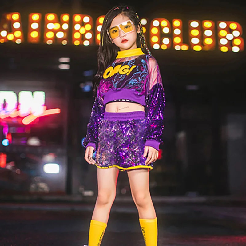 

2021 Cheerleading Girl Jazz Dance Costumes for Girls Children Stage Dance Clothes Exposed Navel Tide Kid Hip hop Sequin Dance