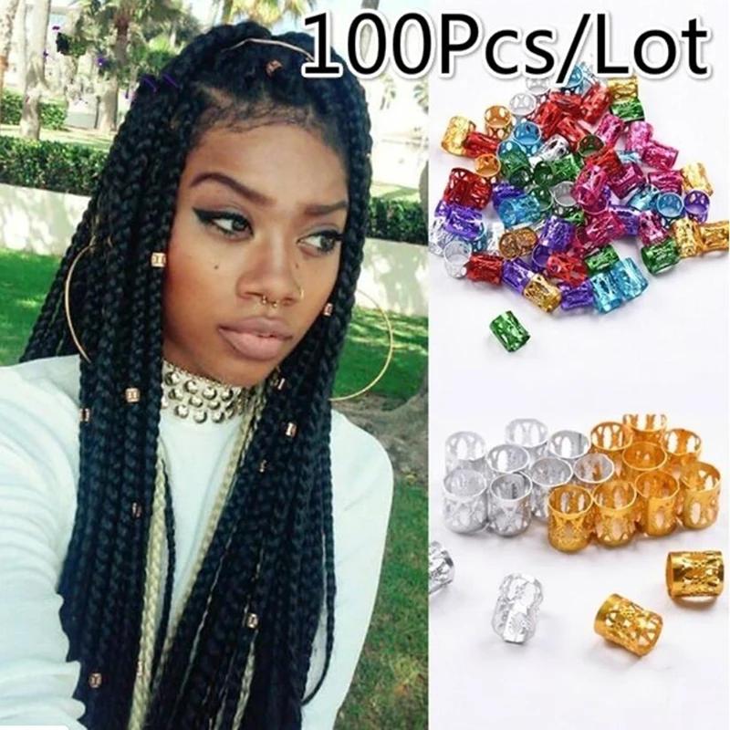 

Adjustable 100Pcs /lot Gold 8mm*9mm Dreadlock Beads Hair Braid Rings Cuff Clips Tube Access Ring Hair Accessories Tool