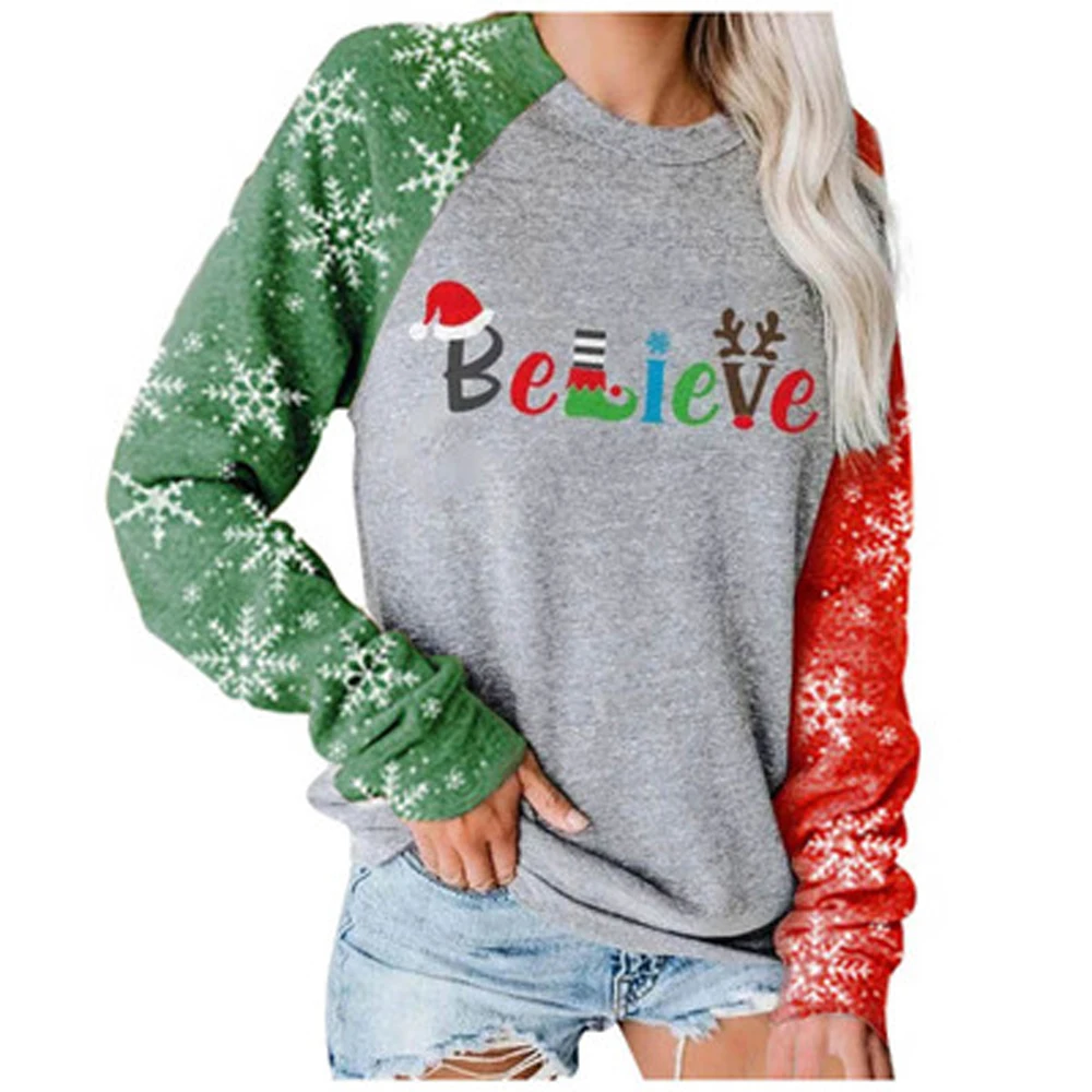 

Believe Snow Print Long Sleeve T shirt Women Autumn Christmas Clothes Patchwork Lady Pullover Casual Streetwear Female Top Tee