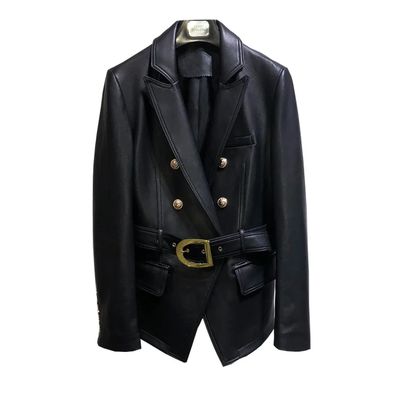 

SHZQ 2021 Новое поступление куртка из натуральной кожи с поясом Женское пальто Весенняя двубортная приталенная стильная одежда с отложным воро...