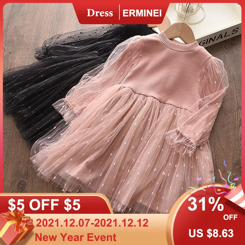 

Cotton Little Girls Dress Spring Autumn New Puff Long Sleeve Fashion Sequin Knitted Dresses For Girls Lace Veil Kids Skirt 3-8 Y