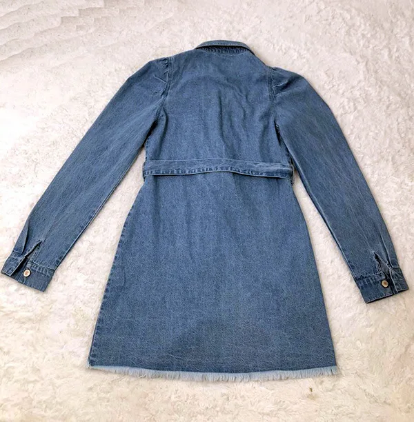 

Autumn blue denim shirt dress sukienka Women double pocket long sleeve mini button up dress with sashes 2020 vestido jeans