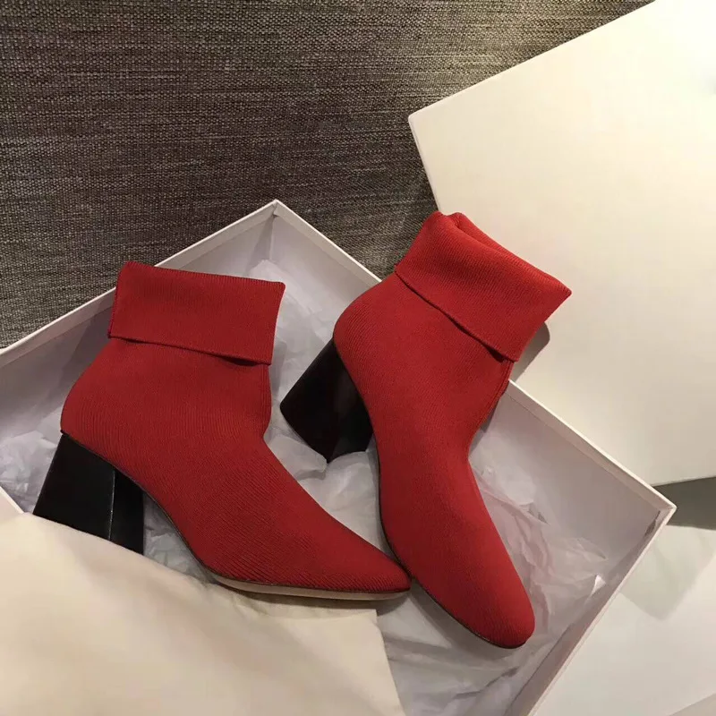 Осень-зима 2019 г. новые женские тонкие ботинки носки с квадратным носком и