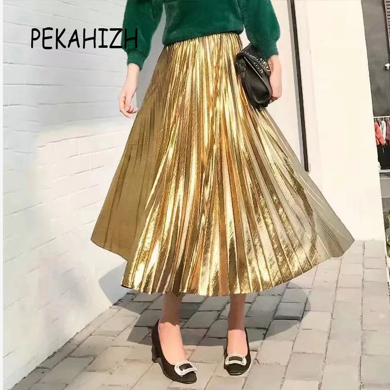Женская длинная юбка с высокой талией Повседневная плиссированная золотого и
