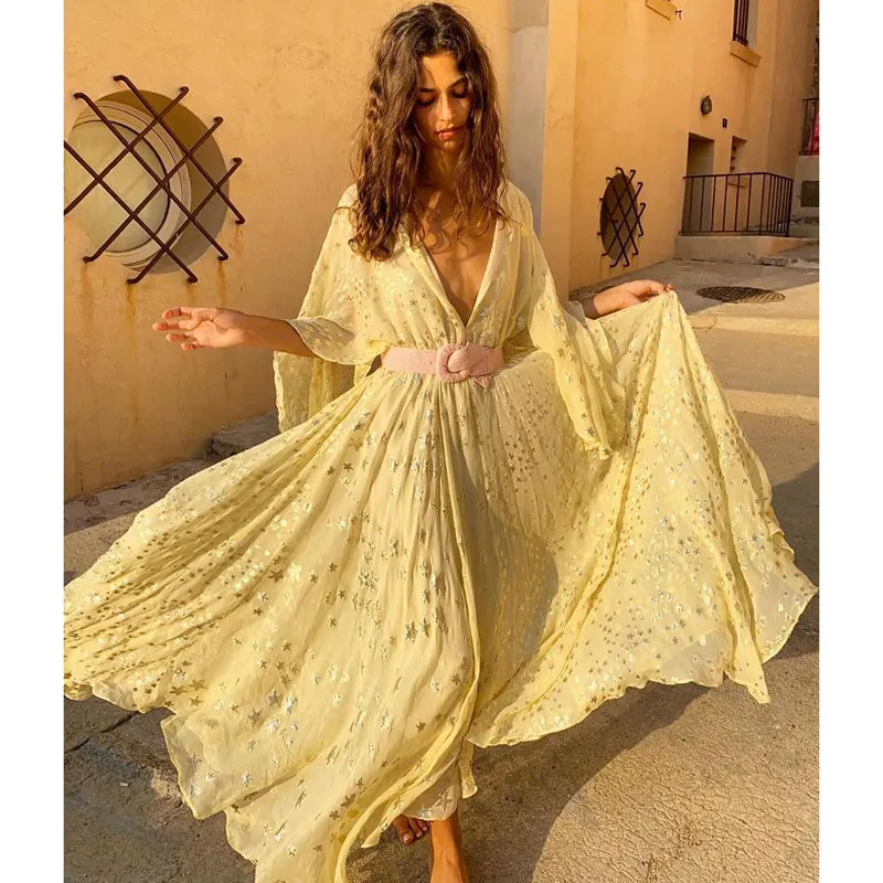 

Boho Yellow Chiffon V-Neck Dress for Women 2021 Summer Comfortable Holiday Wear Both Sides of Romance Big Pendulum Dress