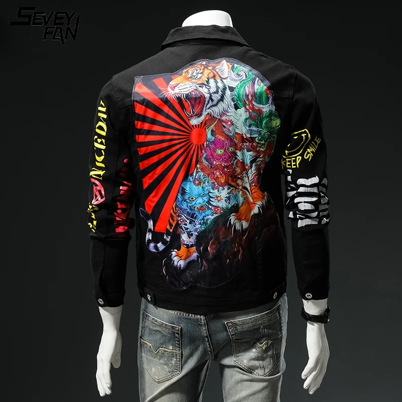 Джинсовая куртка мужская с принтом тигра Модная приталенная из денима в стиле