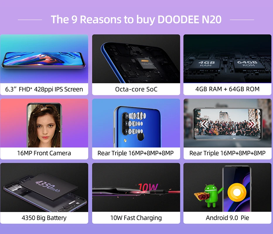 DOOGEE N20 4G смартфон 6 3 дюймов FHD + безрамочный экран с Дисплей 4 Гб 64 Восьмиядерный 4350