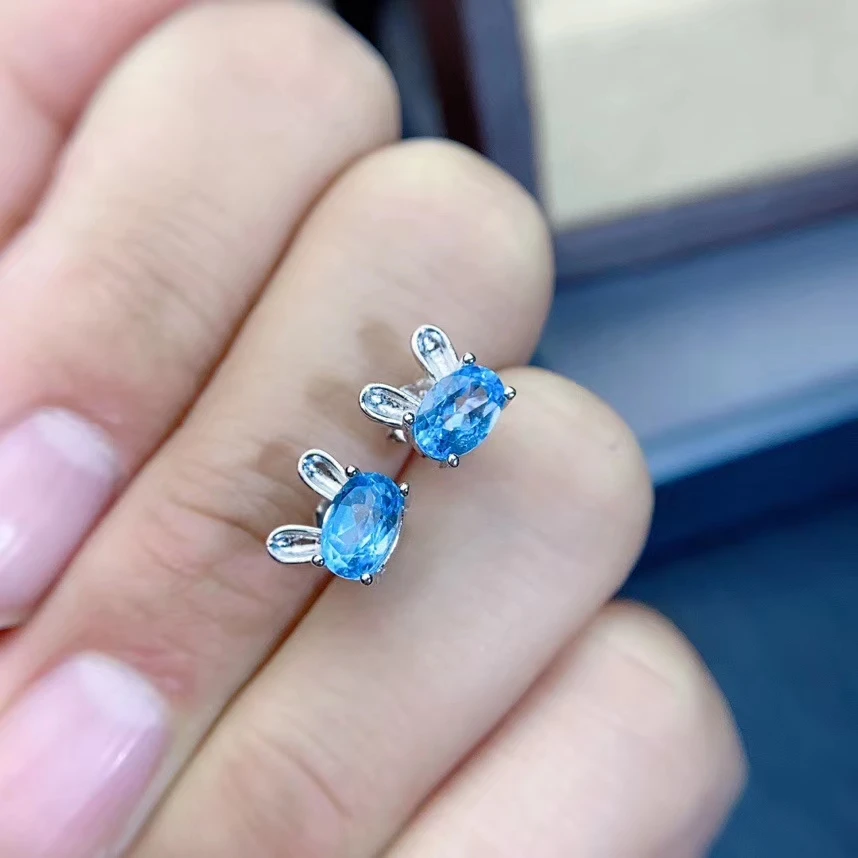 Женские серьги гвоздики с натуральным голубым топазом|Серьги-гвоздики| |