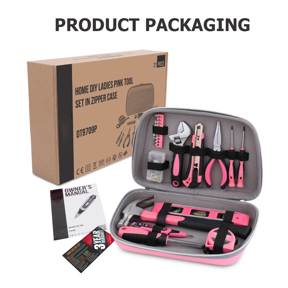 

21PCS Hand Tool Set DIY Home Measuring Tape Pliers Tool Kit Bag Pink Tools For Women Girls Gift With Hard Storage Tool Case