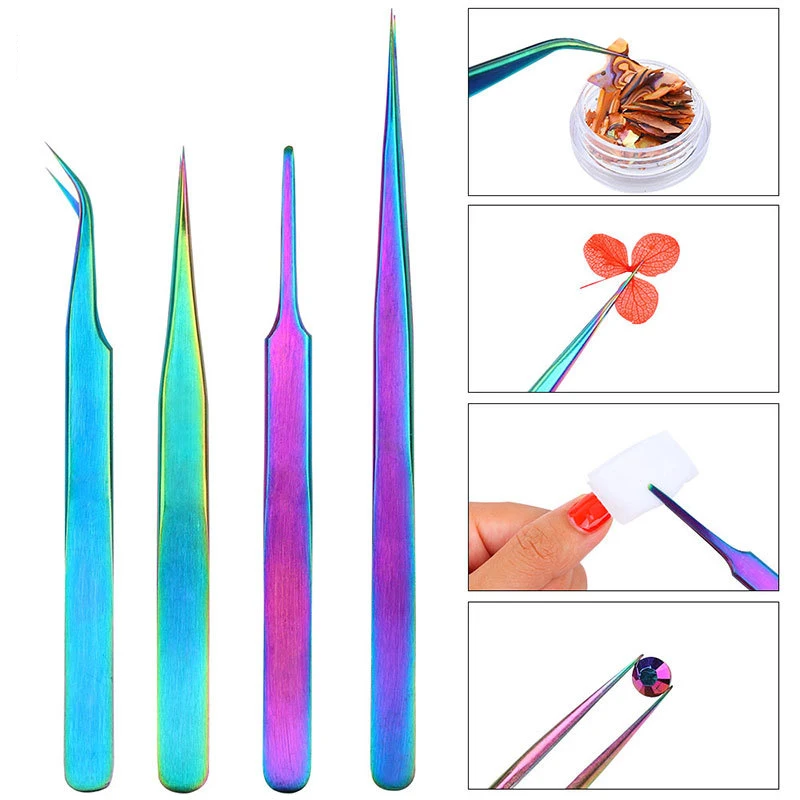 

1PCS Electroplate Anti-Atatic Magic Color Stainless Steel Tweezers Nail Art Inlay Picking Tool Manicure Sharp Straigh Curve End