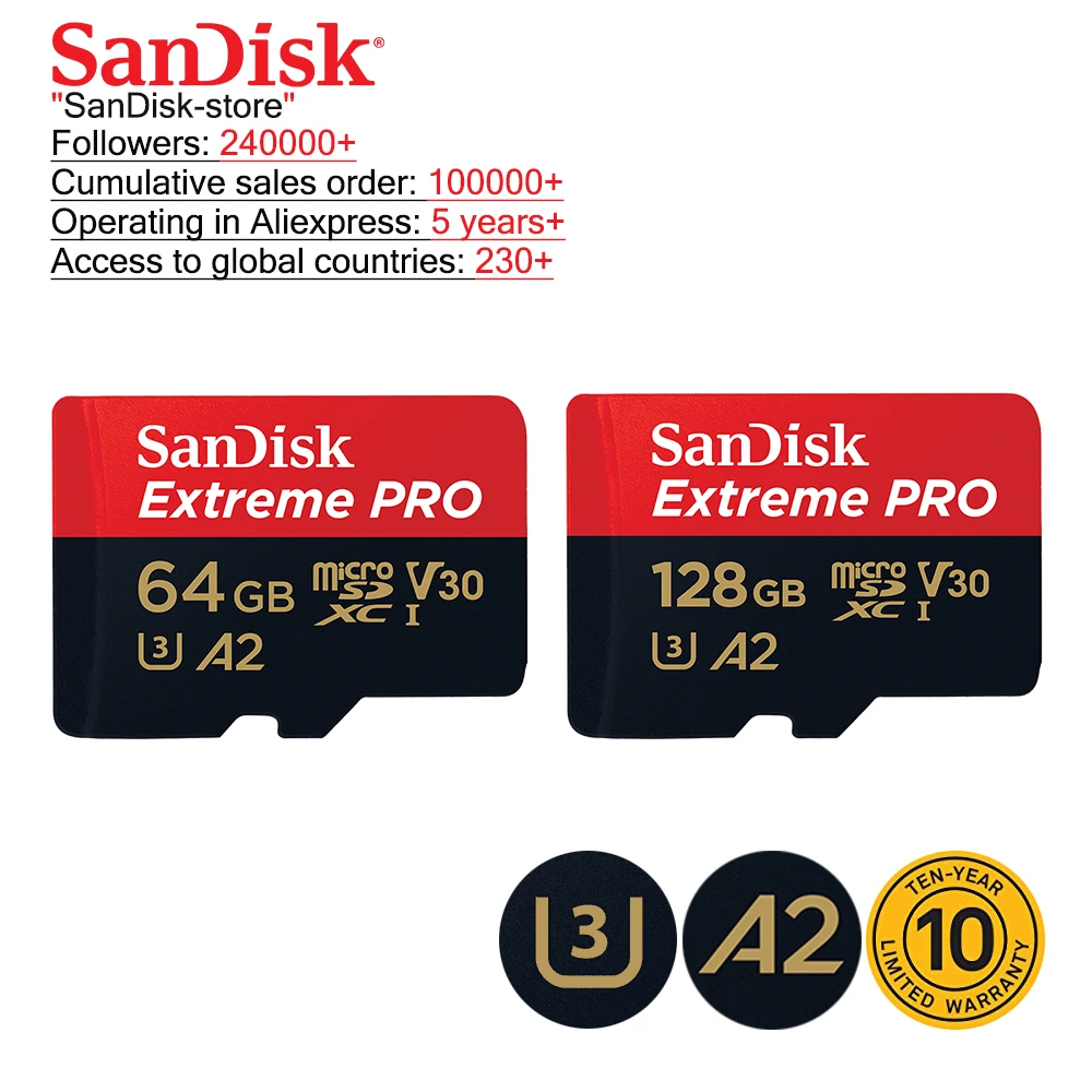 Карта памяти SanDisk Micro SD, TF карта Extreme Pro, 32 Гб 64 Гб 128 ГБ 256 ГБ, 4K видео, гарантия 10 лет от AliExpress WW