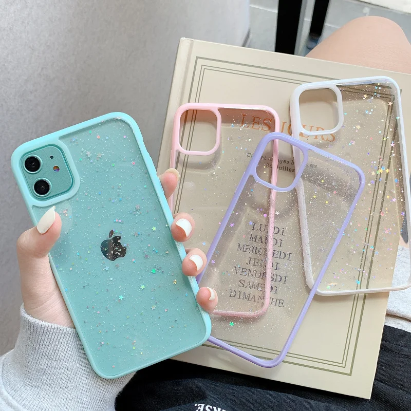 

Colorful Bling Sequin Glitter Stars Clear Soft Case For iPhone 12 11 Pro Xs Max Mini Xr X 6 6s 7 8 Plus Candy Color Frame Cover
