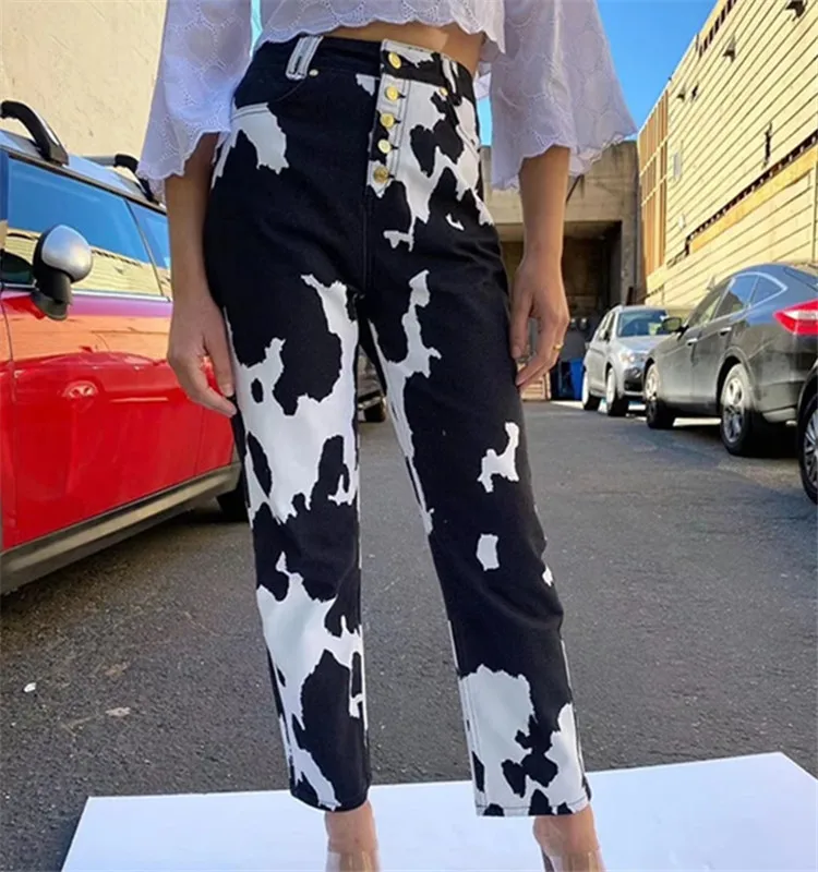 

Autumn and winter high-waist cow straight-leg pants street fashion trend single-breasted printed denim trousers