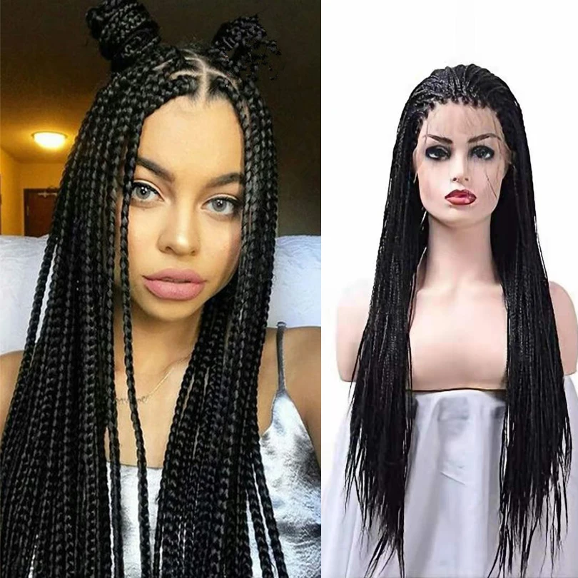 

Black Synthetic Lace Front Braided Wigs For Black Women 13X4 Lace Frontal Hair Wig With Baby Hair Natural Box Cornrow Braids