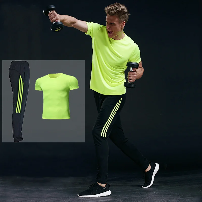 green set BINTUOSHI, дышащие спортивные штаны, Мужские штаны для бега с карманами на молнии, высокая эластичность, тренировочные штаны для фитнеса, штаны для мужчин - Цвет: green set