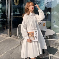 long sleeve white black shirt dress 2022 summer autumn korean button pleated dress women sweet casual plus size a line dresses