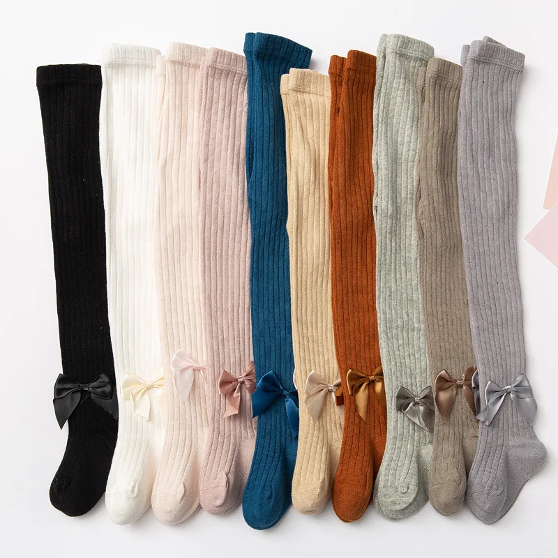 Милые однотонные колготки для девочек Мягкие хлопковые с бантиком маленьких