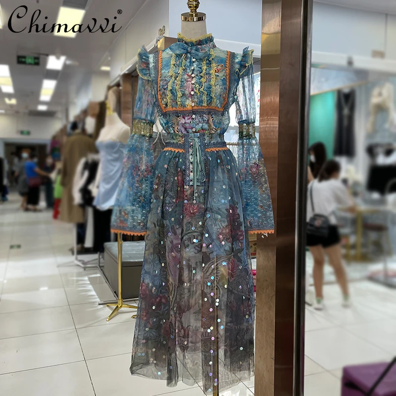 

Elegance Retro Ethnic Style Outfit 2021 Autumn Fashion Mesh Long-Sleeved Printed Shirt Bronzing Polka Dot Skirt 2-Piece Set