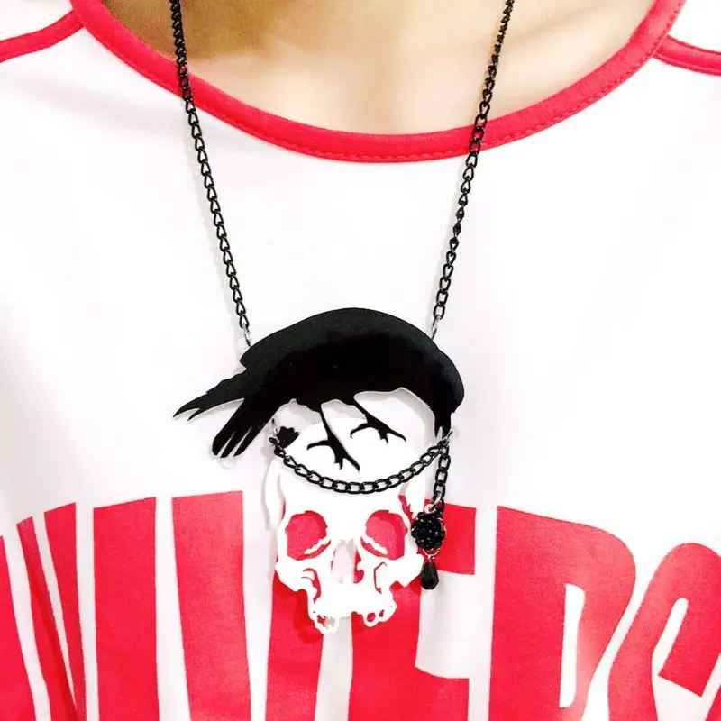 Акриловое волокно в стиле панк рок Большие Ворон цветок череп ожерелье с кулоном