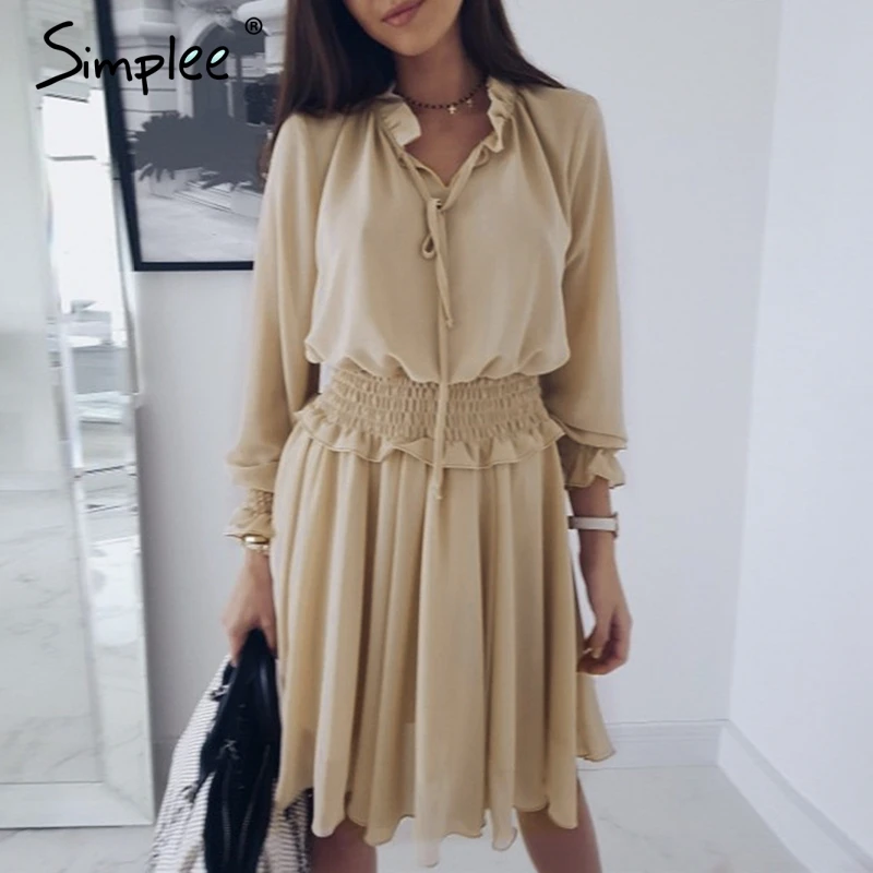 Simplee Lace up ruffled A-line women dress Elastic high waist short vintage dress Bohemian lantern sleeve female party dress