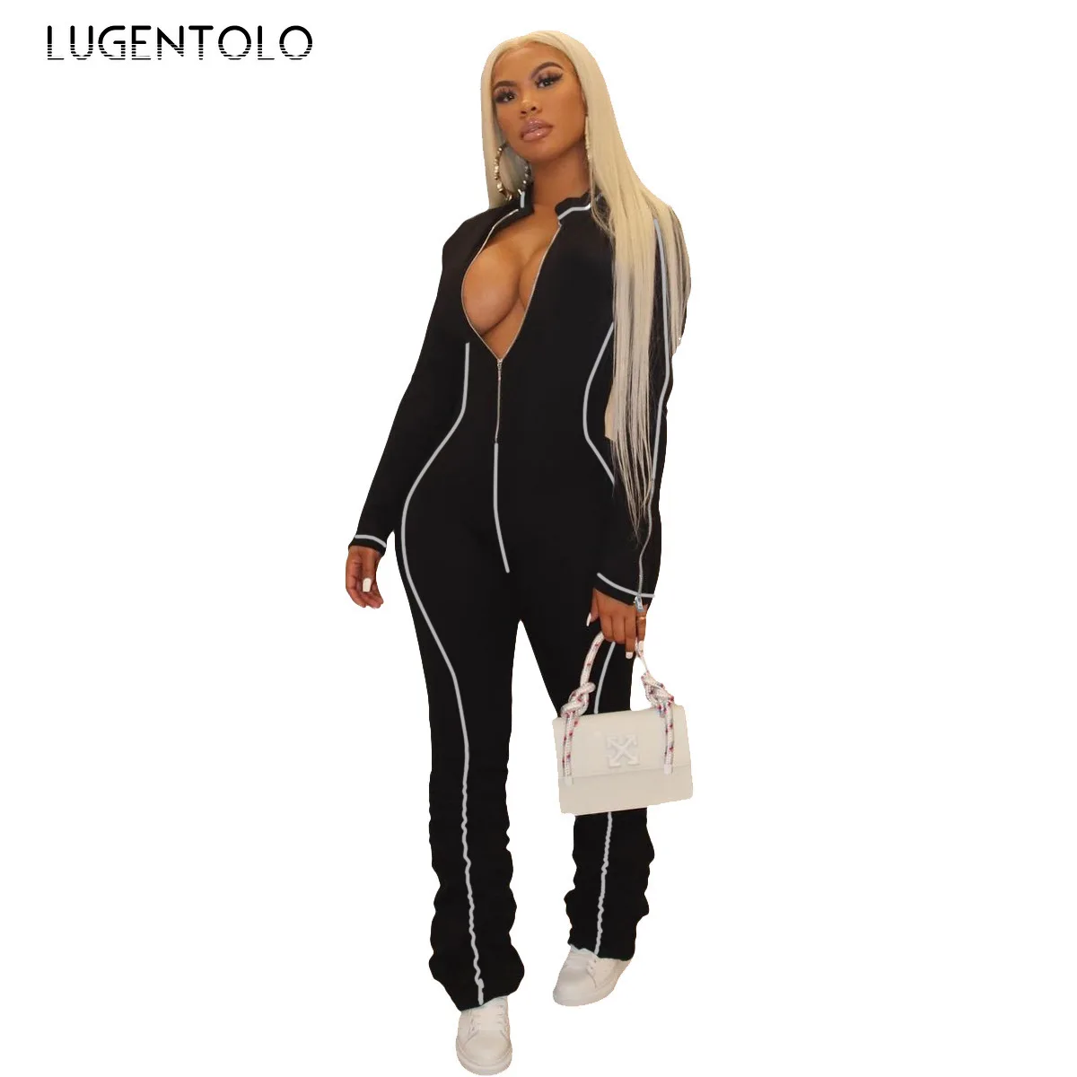 

Lugentolo Women's Jumpsuit Long Sleeve Pleat Sexy Sports Tight Zipper Casual Black Lady Slim Fashion Jumpsuits