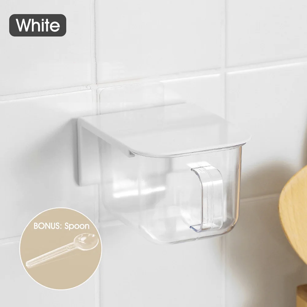 

Clear Seasoning Box Wall Mounted Pull Out Spice Jar Condiment Storage Container with Lid Spoon for Salt Sugar Pepper Chili Spice