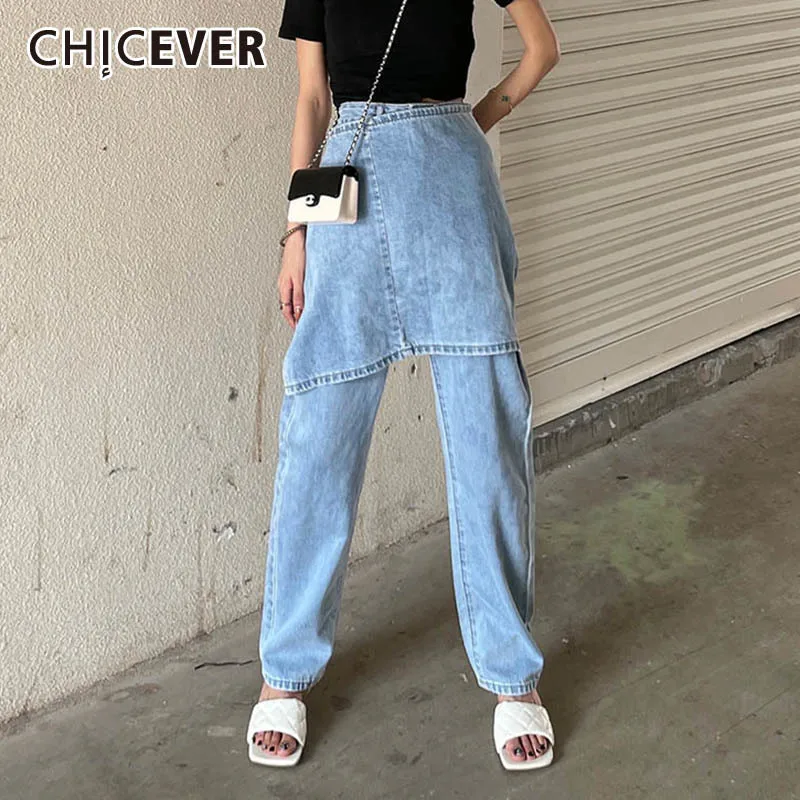 

CHICEVER Minimalist Fake Two Blue Baggy Jeans For Women High Waist Full Length Wide Leg Casual Solid Denim Pants Female 2021 New