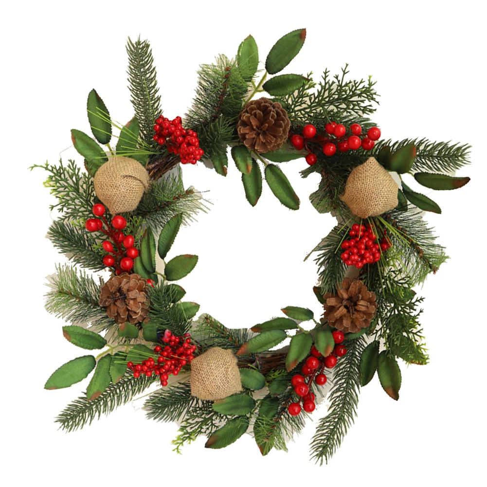 

Artificial Christmas Wreath Front Door Red Berries Pine Cones Needles Wreaths UV Protection Rattan Ring Festival Decorations