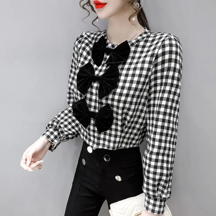 

2021 Spring Retro Elegant Bowknot Plaid Blouse Women's Long Sleeve Short Shirt Female Clothes Blusas