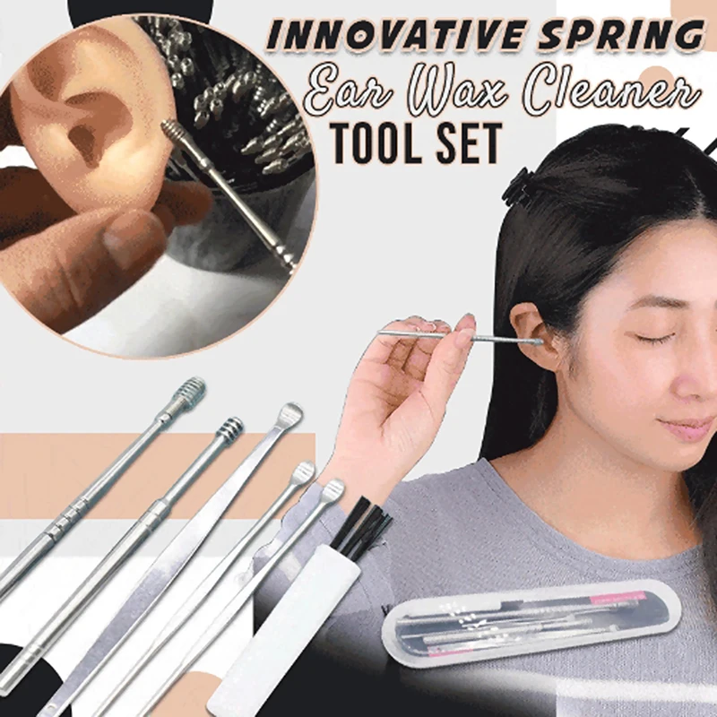 

Creative Spring Ear Wax Cleaneing Tool Set Double-Ended Stainless Steel Ear Pick Portable Ear Wax Removal Kit SANA889