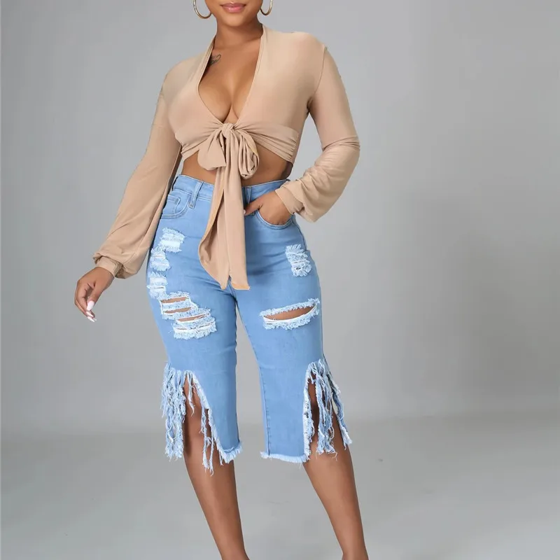 

Women High Waist Cut Out Tassle Draped Knee Length Jeans For Streetwear Vintage Skinny Elastic Hollow Out Denim Pants