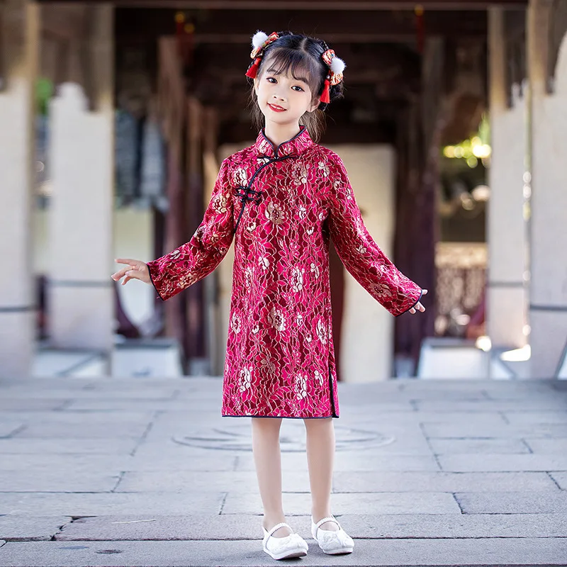 

Spring Autunm Children Mandarin Collar Qipao Lace Chinese Traditional Party Dress New Year Outfits Girls Tang Suit Cheongsam