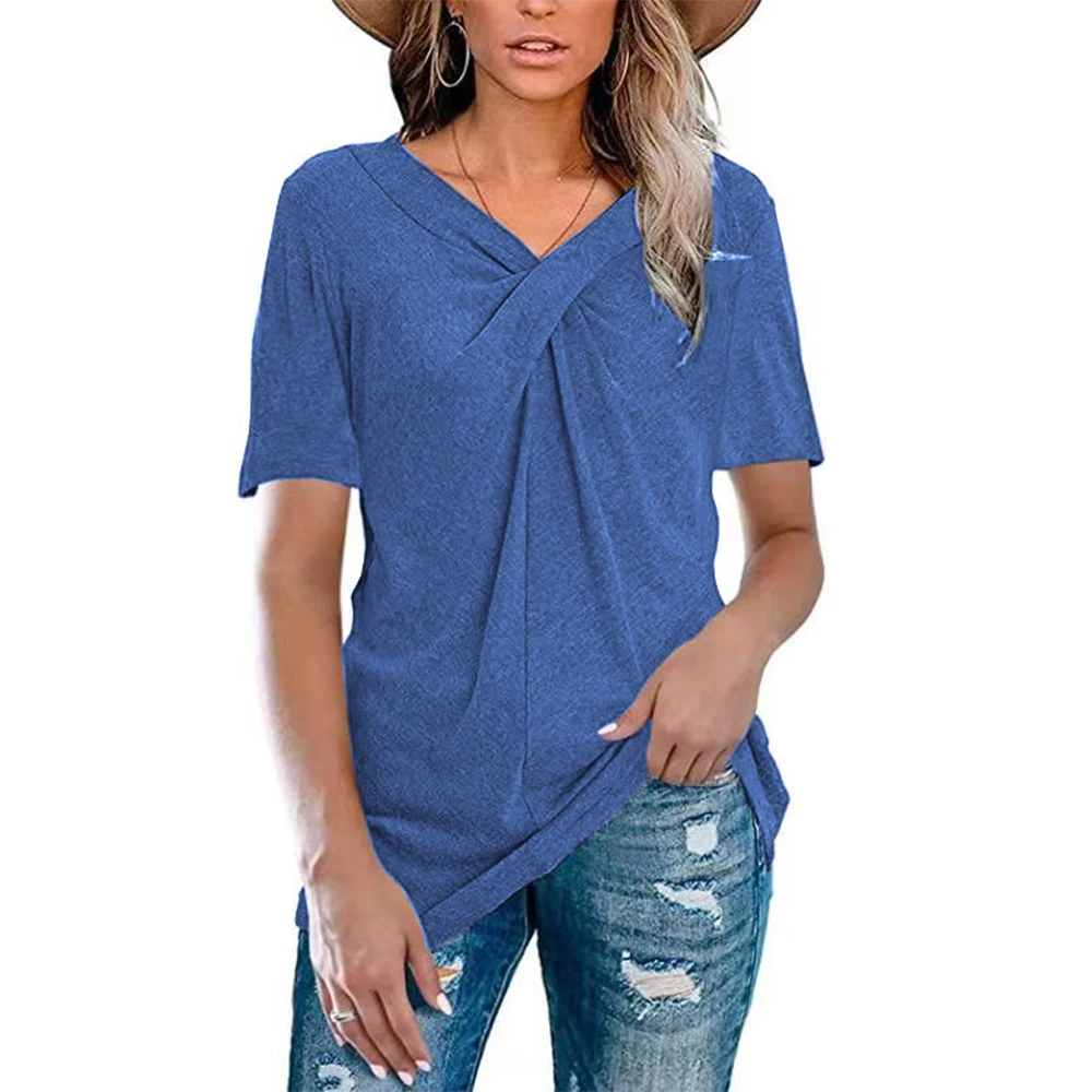 

Summer Solid Color T Shirt With Cross-Knot On Chest Women Tops And Blouses Casual Loose V-neck All-match Oversized Ladies Tshirt