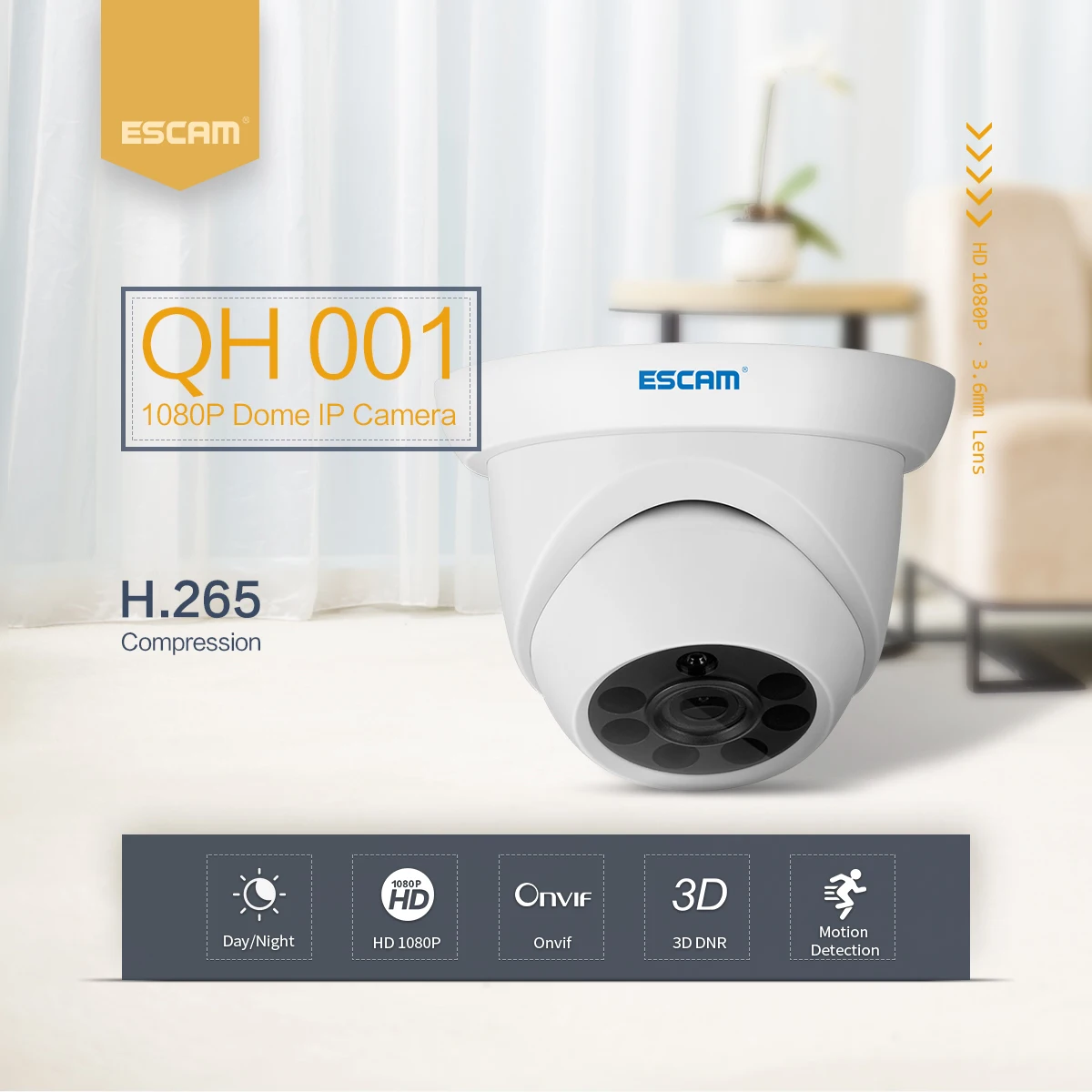 Купольная IP-камера ESCAM QH001 ONVIF H.265 1080P P2P с функцией умного анализа |
